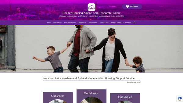 Screenshot of the Shelter Housing Advice and Research Project (Leicester) website