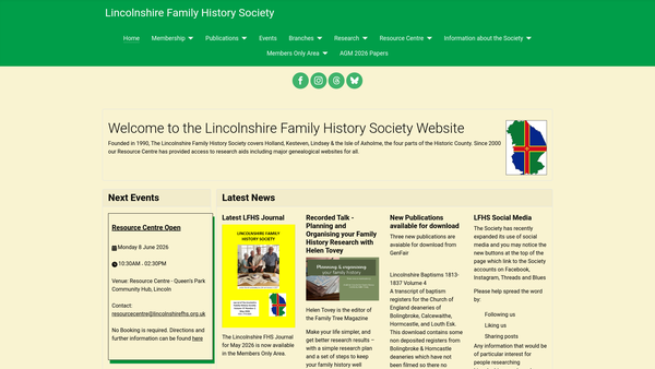 Screenshot of the Lincolnshire Family History Society website