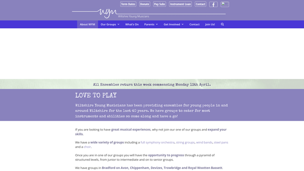 Screenshot of the Wiltshire Young Musicians website