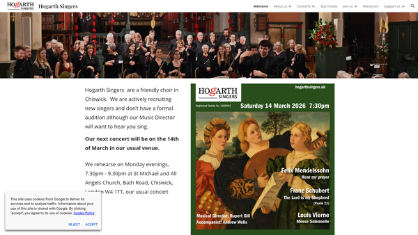 Screenshot of the Hogarth Singers website