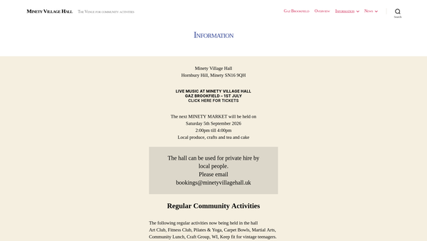 Screenshot of the Minety Village Hall website