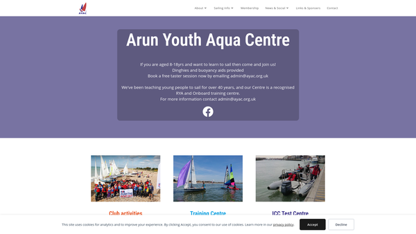 Screenshot of the Arun Youth Aqua Centre website