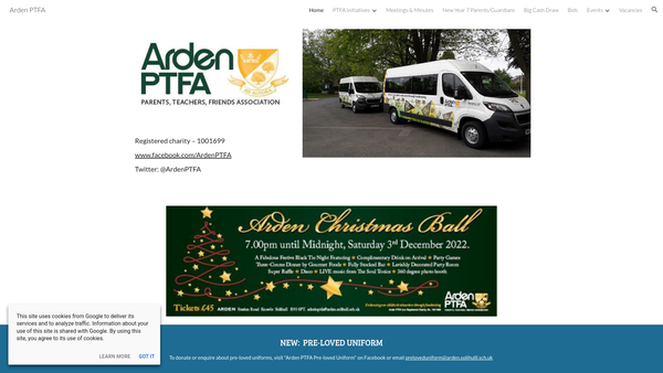 Screenshot of the Arden School Parents Teachers Friends Association website