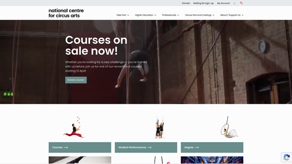 Screenshot of the National Centre For Circus Arts website