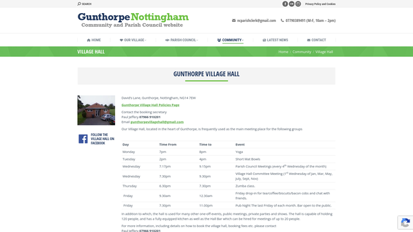 Screenshot of the Gunthorpe Village Hall website