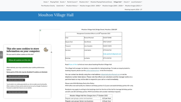 Screenshot of the Moulton Village Hall website