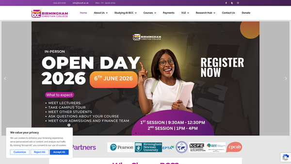 Screenshot of the Birmingham Christian College website