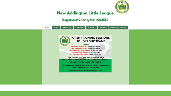 Screenshot of the New Addington Little League Football website