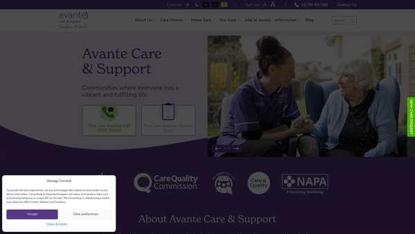 Screenshot of the Avante Care And Support Limited website