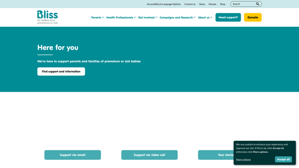 Screenshot of the Bliss -The National Charity For The Newborn website