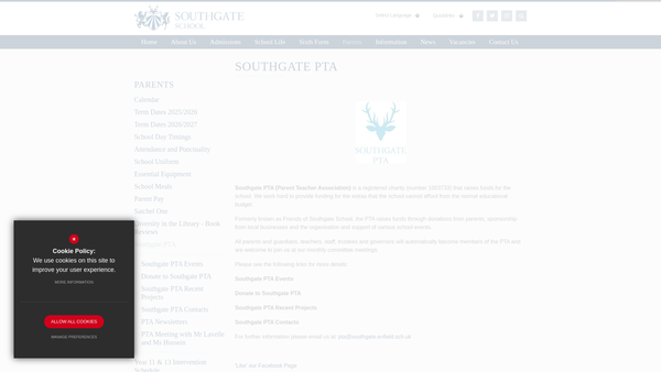 Screenshot of the Southgate PTA website