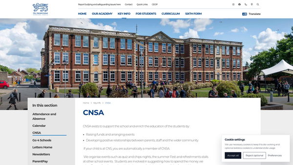 Screenshot of the City Of Norwich School Association (Cnsa) website