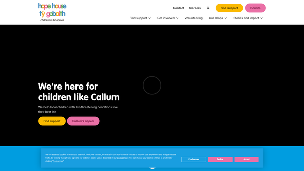 Screenshot of the Hope House Children's Hospices website