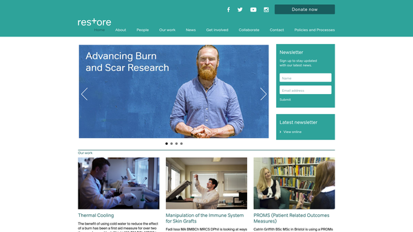 Screenshot of the Restore - Burn And Wound Research website