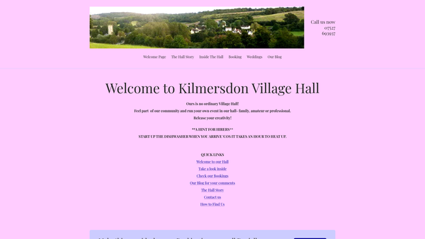 Screenshot of the Kilmersdon Village Hall website