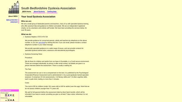 Screenshot of the South Bedfordshire Dyslexia Association website