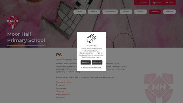 Screenshot of the Moor Hall School Parents Association website