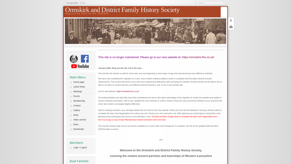 Screenshot of the Ormskirk And District Family History Society website