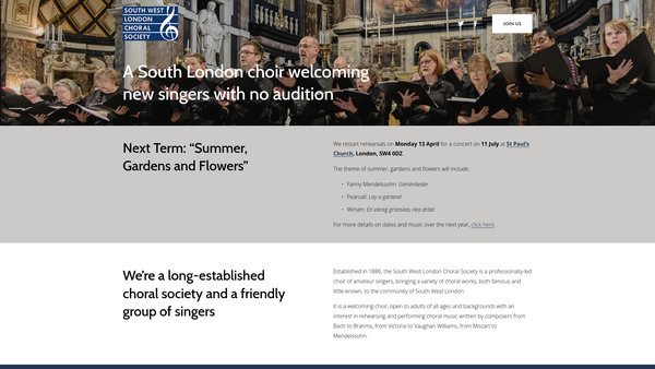 Screenshot of the South West London Choral Society website