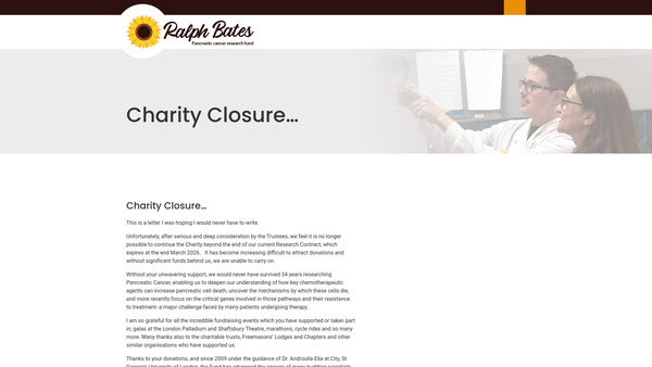 Screenshot of the Ralph Bates Pancreatic Cancer Research Fund website