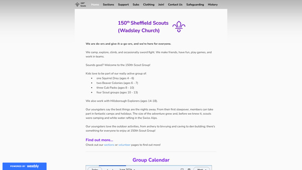 Screenshot of the 150th Sheffield (Wadsley Church) Scout Group website