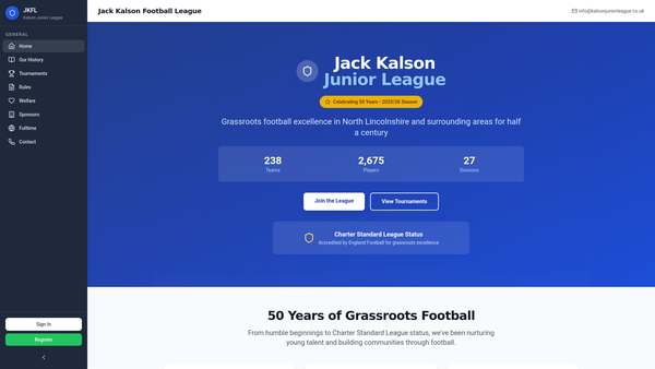 Screenshot of the Jack Kalson Junior Football Leagues Charity website
