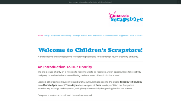 Screenshot of the Children's Scrapstore website