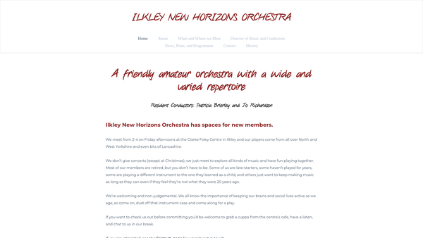 Screenshot of the Ilkley New Horizons Concert Orchestra website
