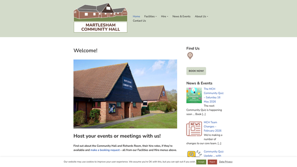 Screenshot of the Martlesham Community Hall website