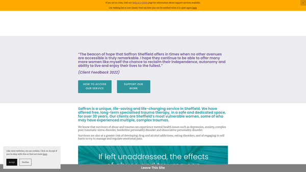Screenshot of the Sheffield Women's Counselling And Therapy Service Limited website