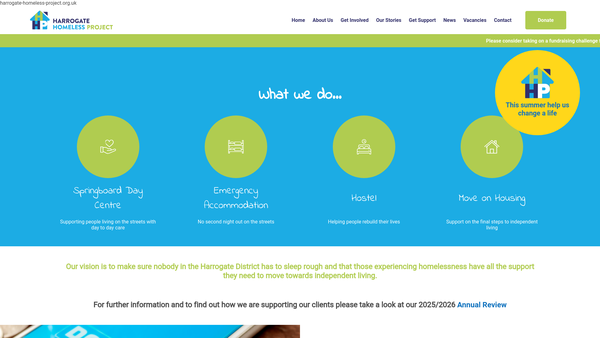 Screenshot of the Harrogate Homeless Project Ltd website