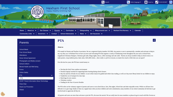 Screenshot of the Hexham East County First School Parent Teacher Association website