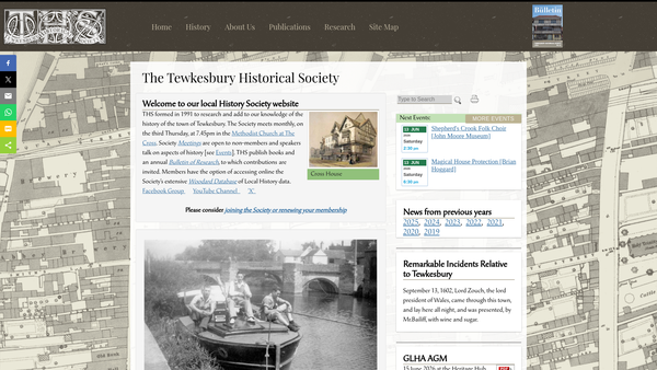 Screenshot of the Tewkesbury Historical Society website