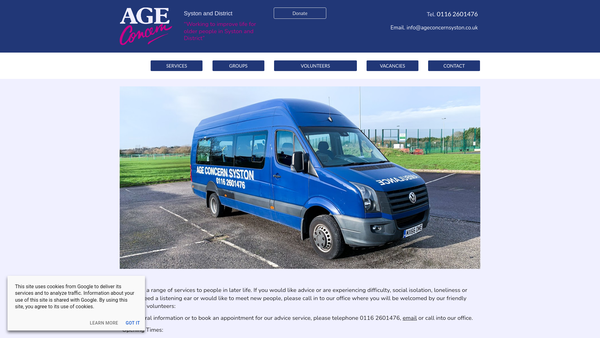 Screenshot of the Age Concern Syston And District website