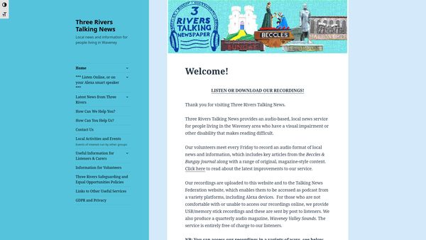 Screenshot of the Three Rivers Talking Newspaper website