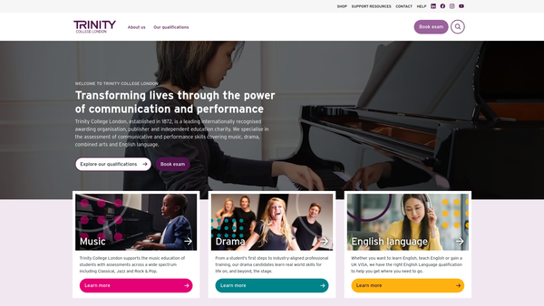 Screenshot of the Trinity College London website