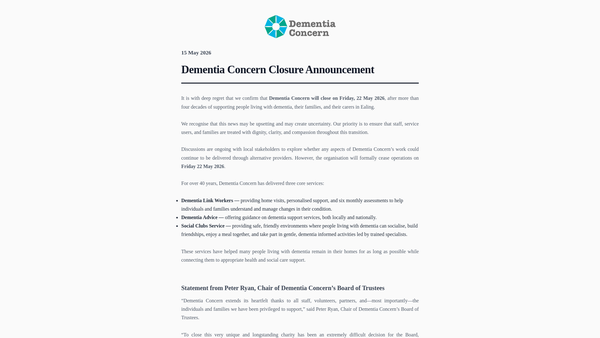 Screenshot of the Dementia Concern website