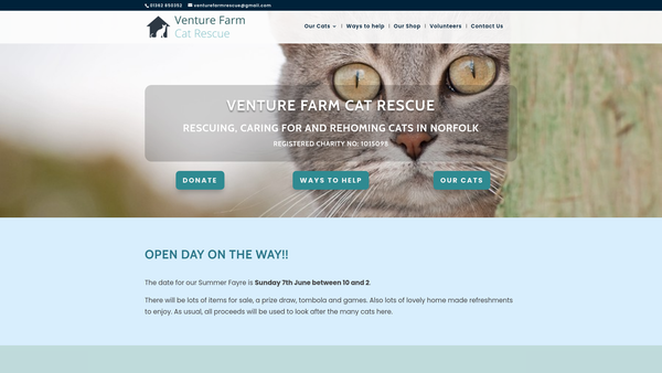 Screenshot of the Venture Farm Cat Rescue website