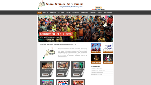 Screenshot of the Caring Outreach International Charity (Coic) website