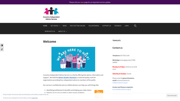 Screenshot of the Coventry Independent Advice Service website