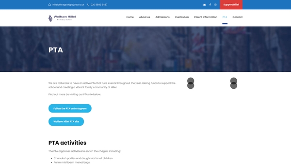 Screenshot of the Wolfson Hillel Primary School PTA website