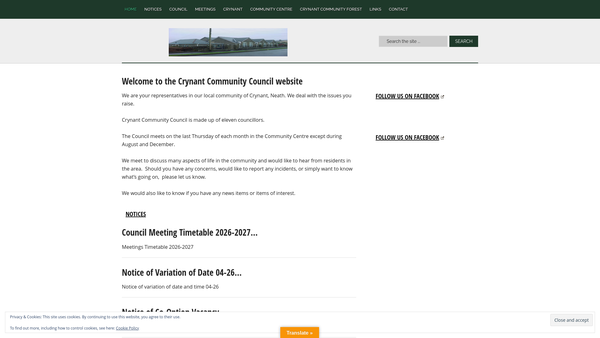 Screenshot of the Crynant Community Association website