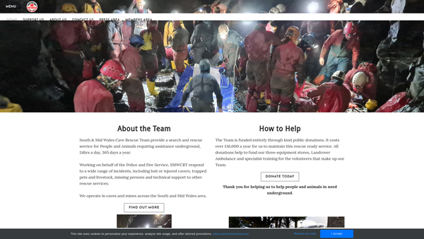 Screenshot of the South And Mid Wales Cave Rescue Team/tim Achub Ogofau De A Chanolbarth Cymru website