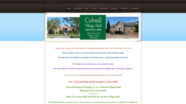 Screenshot of the Colwall Village Hall website