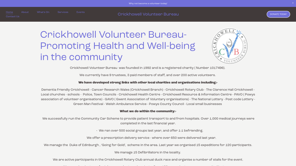 Screenshot of the Crickhowell Volunteer Bureau website