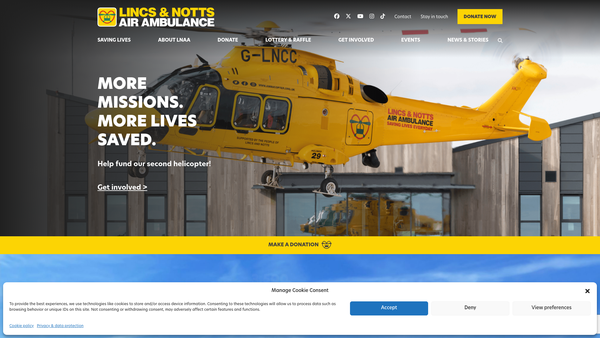 Screenshot of the Lincolnshire and Nottinghamshire Air Ambulance Charity website