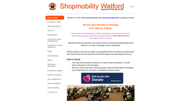 Screenshot of the Shopmobility Watford website