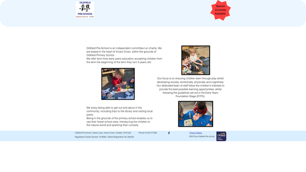 Screenshot of the Oldfield Pre-School website