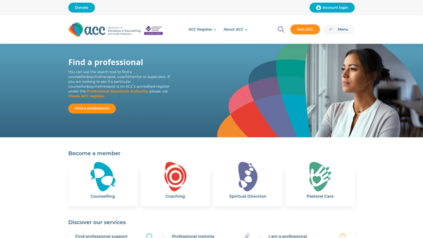Screenshot of the Association of Christians in Counselling and Linked Professions website