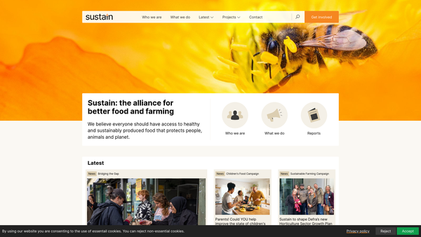 Screenshot of the Sustain: The Alliance For Better Food & Farming website
